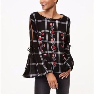 LOFT Floral Embroidered Tie Bell Sleeve Plaid Top M